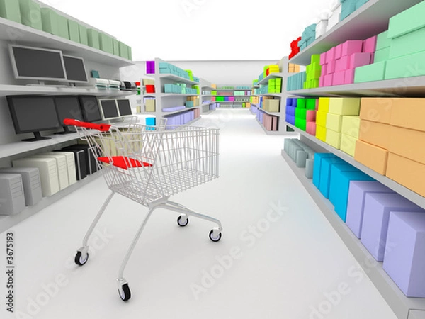 Fototapeta shopping cart standing between shelves in the supermarket