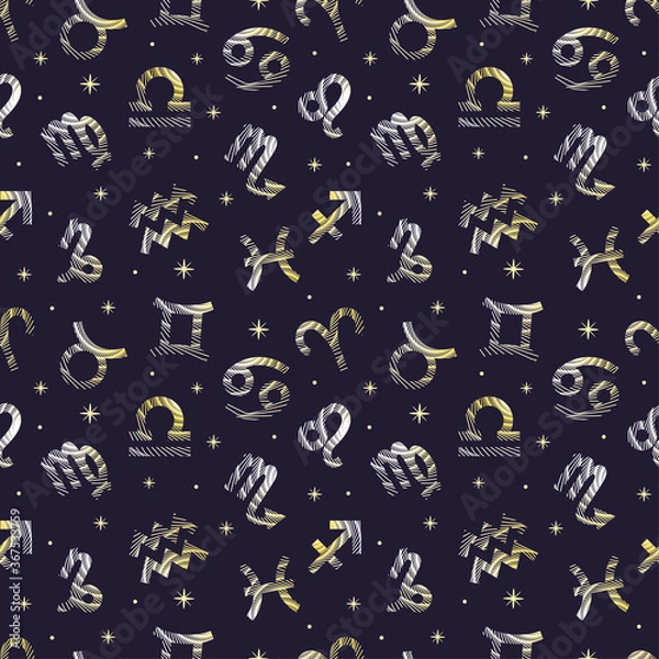 Fototapeta Seamless pattern with zodiac symbols and stars, gold icons. Horoscope. Aries, Taurus, Gemini, Cancer, Leo, Virgo, Libra, Scorpio, Sagittarius, Capricorn, Aquarius, Pisces. Vector illustration