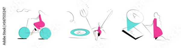Obraz Bicycle ride, food app, document scan - vector illustrations on a white background. Product categories set. Woman in pink dress. Activities. Empty states scenes.