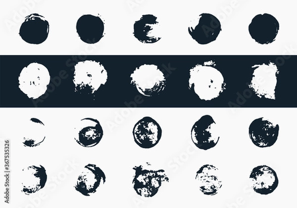 Fototapeta Large set of round ink templates. Full circles and arcs. Vector labels for design. Modern texture, dirty stains. Isolated circles in hipster style.