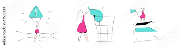 Obraz Danger allert, error, bin, layers - vector illustrations on a white background. Product categories set. Woman in pink dress. Activities. Empty states scenes.