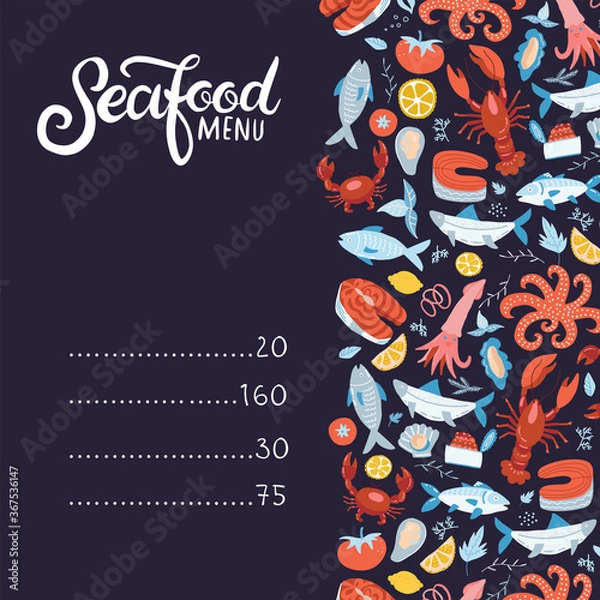 Fototapeta Seafood menu. Set of colorful seafood elements-crawfish, lobster, crab, shrimps, lemon with octopus, shells,oysters, salmon, fish and spicies,crustaceans. Flat hand drawn illustration with lettering.