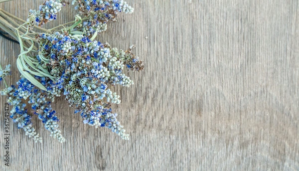 Fototapeta Beautiful Greek wild lavender on natural wooden background. Copy space for text. Aromatherapy and essential oil concept. Space for you product.