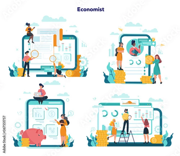 Fototapeta Economics and finance online service on differernt device, computer