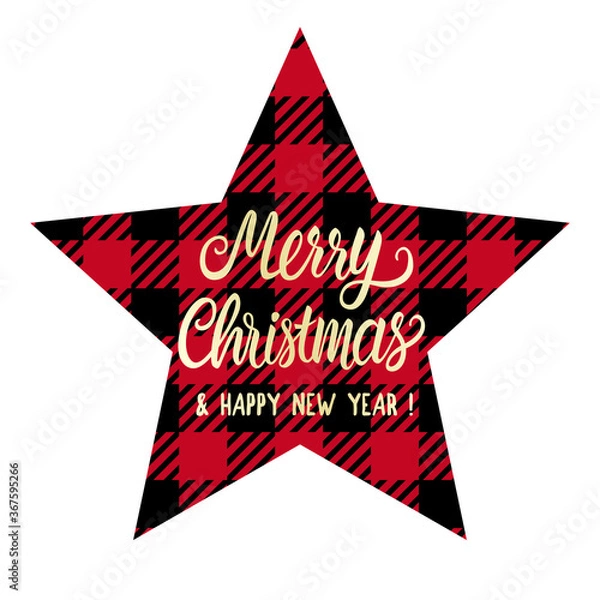 Obraz Checkered shape star Merry Christmas. Red and black color. Vector Winter holiday design isolated on white background