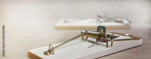Fototapeta mousetraps without bait on a wooden table, as a business concept