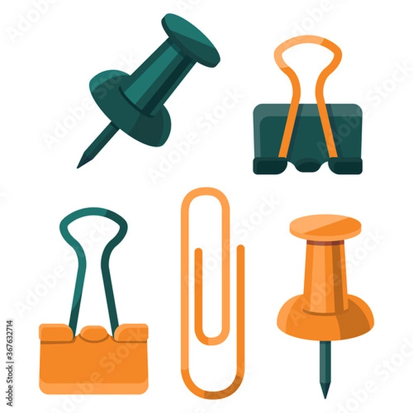Obraz Paper clip and pushpin sticker set on white isolated backdrop. Stationery for invitation or gift card, notebook, bath tile, scrapbook. Phone case or cloth print. Flat style stock vector illustration