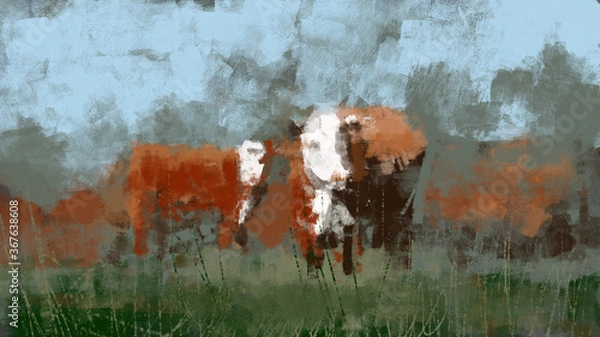Obraz Digital painting of a field with cows in traditional brush strokes illustration