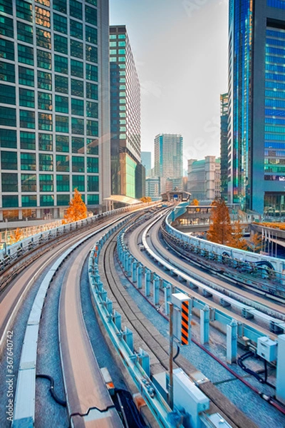 Fototapeta Japan Traveling. Cityscape View Taken From Monorail Odaiba Sky Train in Tokyo.