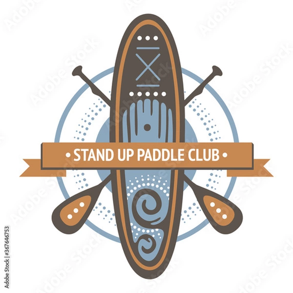 Fototapeta Round logo template for stand up paddling club. Vector athletic labels, stickers and badges. Vector flat design style illustration of icons. 