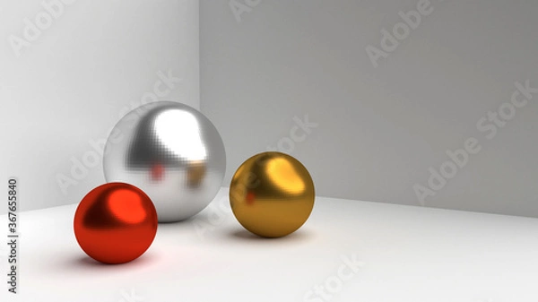 Obraz 3d rendering red  silver and gold metal ball glossy on grey background