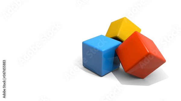 Obraz 3d rendering simple geometric shape red, blue, and yellow cube on white background