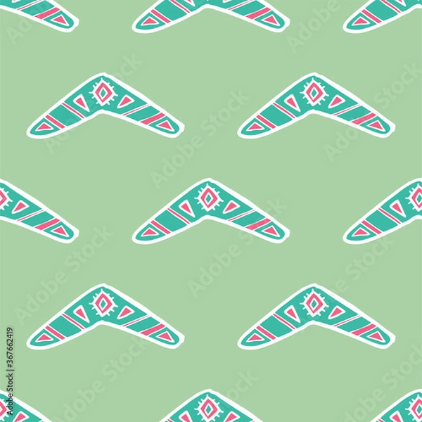 Fototapeta Seamless pattern vector of pastel tribal style motif boomerang on pastel green background