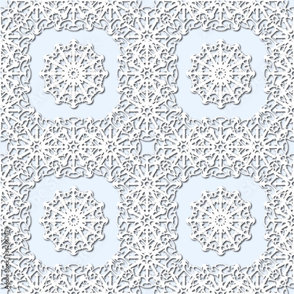 Fototapeta White snowflakes on pale blue background, damask ornament seamless pattern. Paper cut style