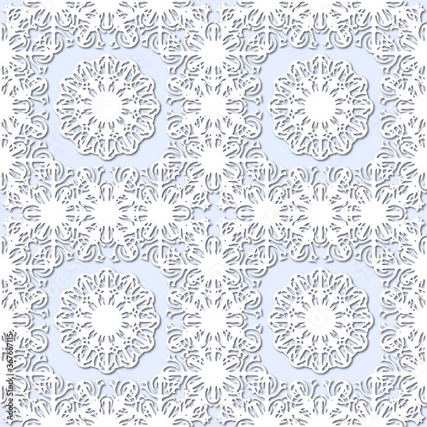 Fototapeta White snowflakes on pale blue background, damask ornament seamless pattern. Paper cut style