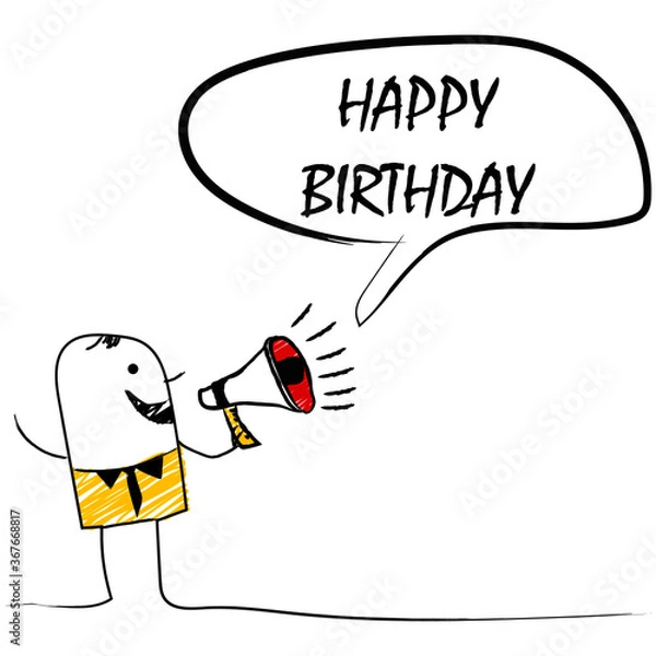 Fototapeta vector illustration of doodle man holding a megaphone with HAPPY BIRTHDAY speech bubble with Loudspeaker.banner for marketing ,business and also advertising.