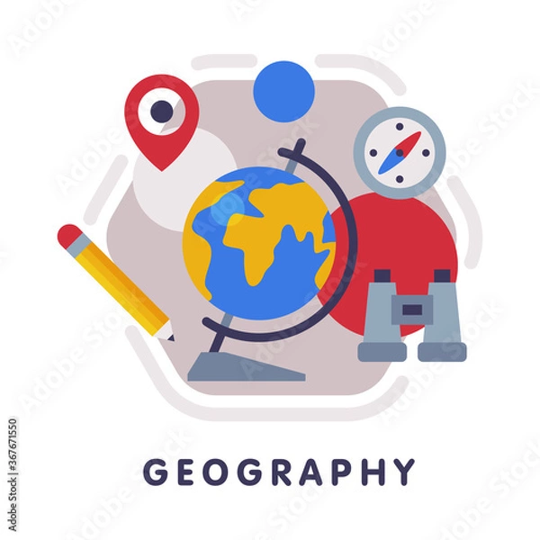 Fototapeta Geography School Subject Icon, Education and Science Discipline with Related Elements Flat Style Vector Illustration