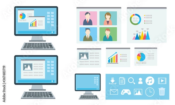 Fototapeta デスクトップパソコン画面各種。リモート画面。データ画面。アイコン