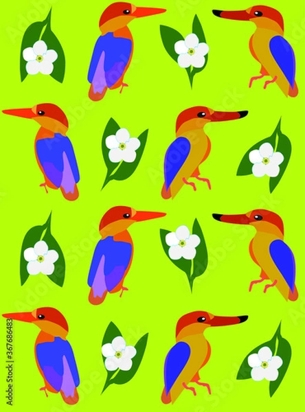 Fototapeta Vector illustration of birds and flowers. Seamless pattern