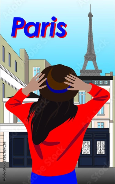 Fototapeta Vector fashion illustration of girl in hat in Paris. City view on eiffel tower. Flat graphic.