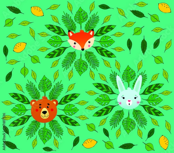 Fototapeta Vector funny illustration of fox, rabbit and bear in green leaves. Illustration for kids. 