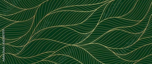 Fototapeta Luxury golden emerald wallpaper.  Abstract gold line arts texture with green emerald background design for cover, invitation background, packaging design, fabric, and print. Vector illustration.