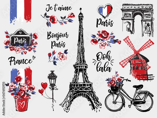 Obraz Paris vintage watercolor illustration set. Romantic illustration in beautiful style. Vector sketches set on white background with inscriptions I love you, good morning Paris, Oh dear in French