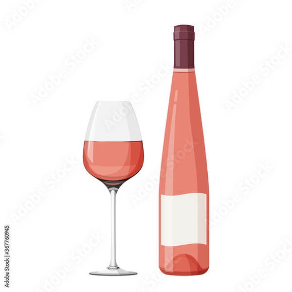 Obraz Wineglass with rose wine vector illustration. Realistic glass with bottle.