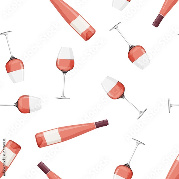 Obraz Elongated glass bottle and glass of rose wine background. Seamless pattern with alcohol drink.