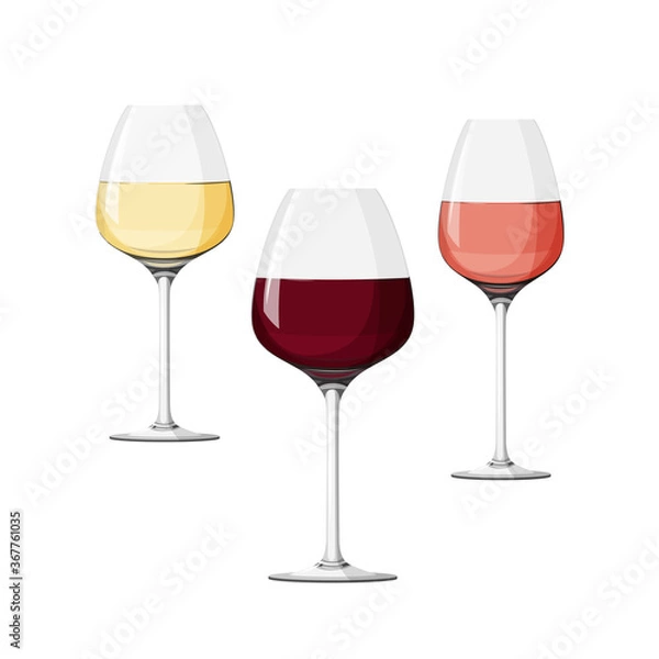 Obraz Set of three wineglasses, white, red and rose wine. Realistic vector collection.