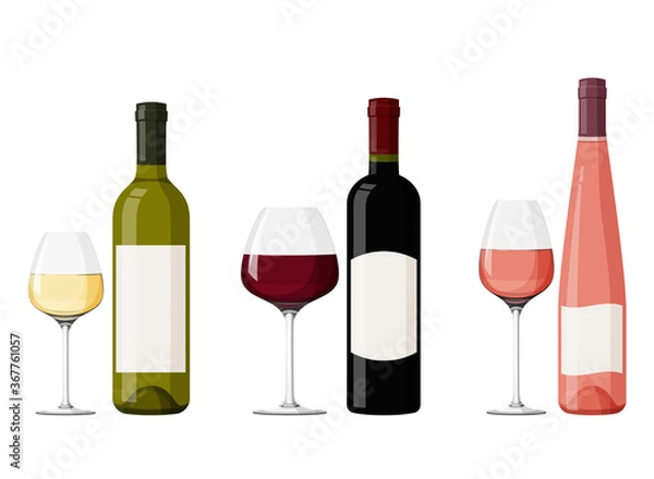Obraz Colorful glass wine bottles with wineglasses. Realistic vector illustration. Red, white and pink wine.