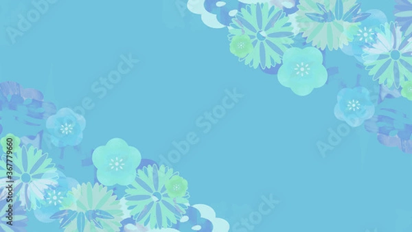 Obraz 梅の花が描かれた和柄の青い背景イラスト