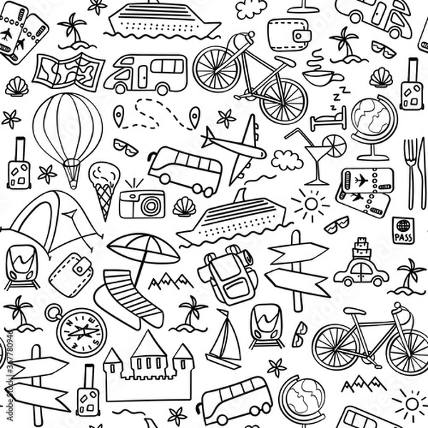 Obraz Hand drawn travel seamless pattern. Summer vacation doodles on white background. Vector illustration.