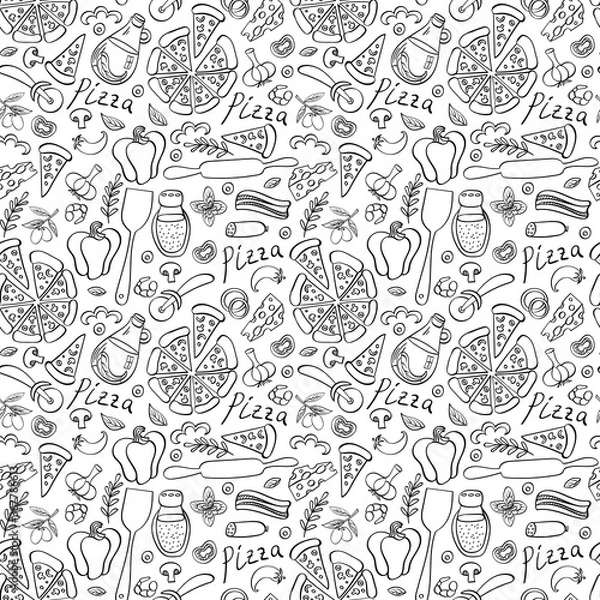 Obraz Pizza ze składnikami i dostawami ręcznie rysowanego płynnego wzoru. Doodles z jedzeniem izolowane na białym tle. Ilustracja wektorowa.