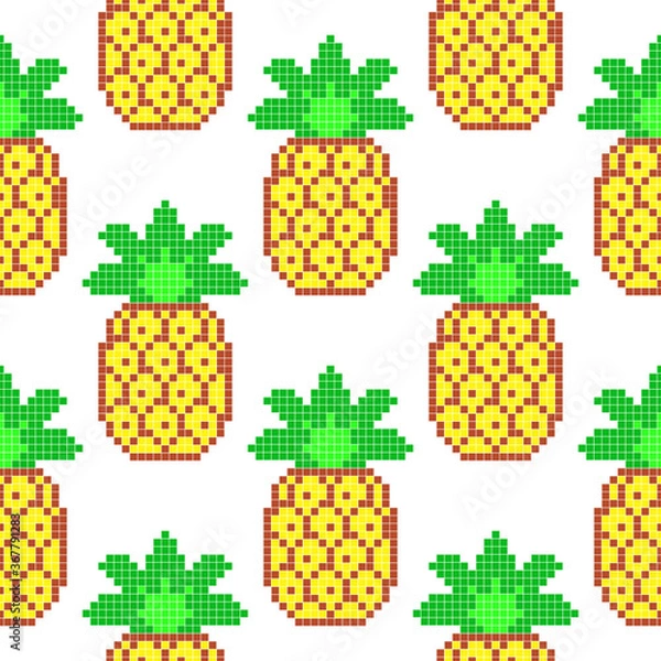 Fototapeta Seamless pattern with pixel pineapple, vector illustration