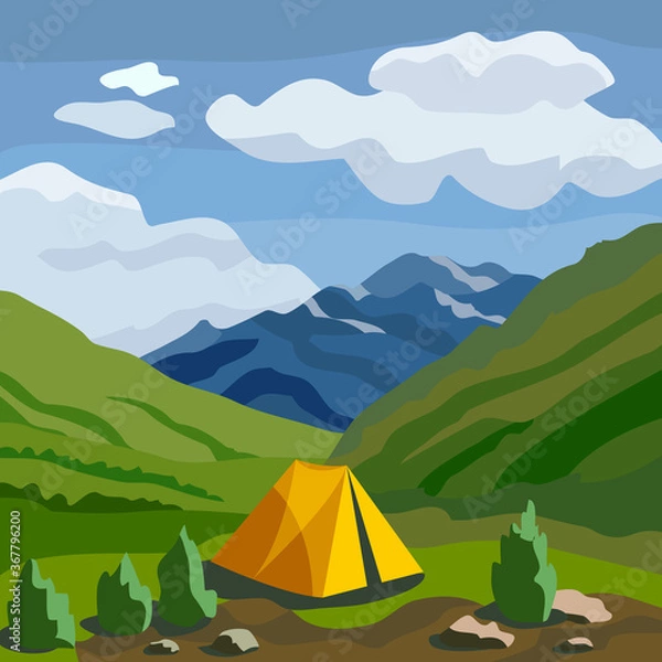 Fototapeta Landscape. Yellow tent in the mountains