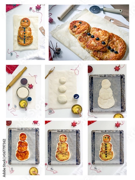 Fototapeta Christmas food pizza snowman step by step instructions. How to make pizza in the shape of a snowman for the new year, recipe. Collage of 8 photos