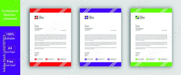 Fototapeta Professional Letterhead Template in flat style, red, blue, green color letterhead set or bundle Letterhead Design Template