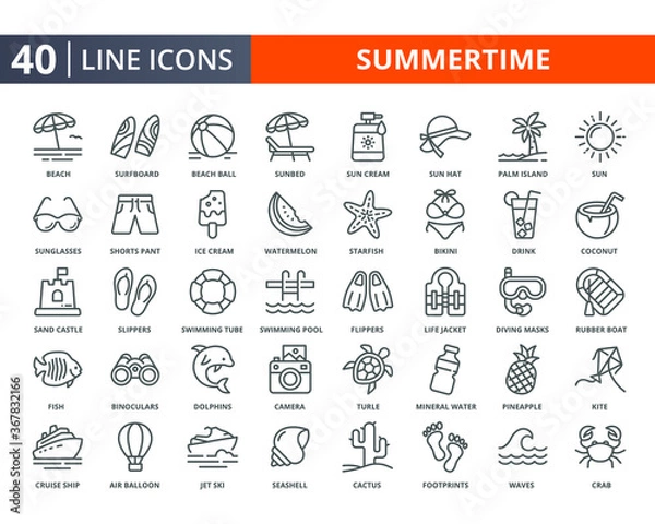 Fototapeta Summer lines icon set. Summertime vacation, beach thin icons element for web