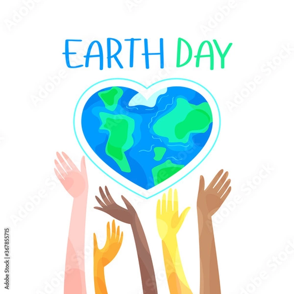 Fototapeta Earth Day. Globe in the shape of a heart and the hands that hold the planet. Cheerful vector stock illustration.