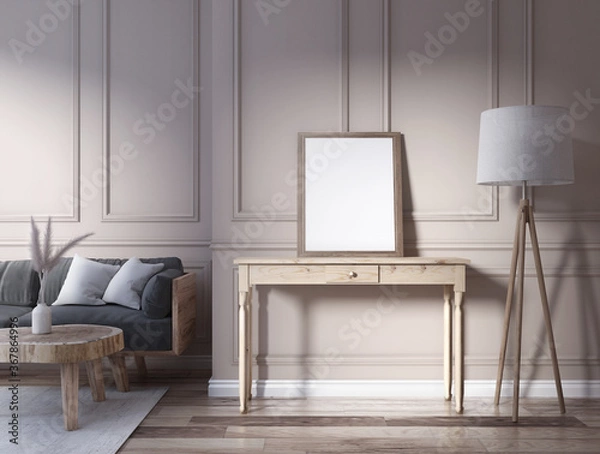 Fototapeta Interior in beige. Console with sofa, clean stretcher on console. Wooden furniture.