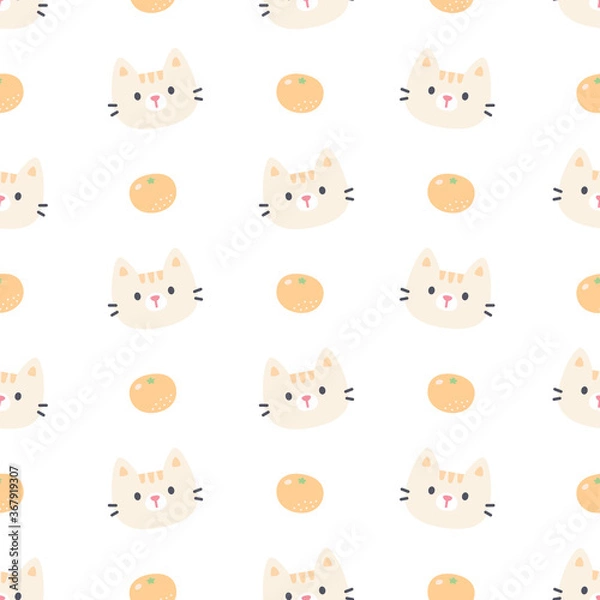 Fototapeta Cute cat and orange seamless pattern background