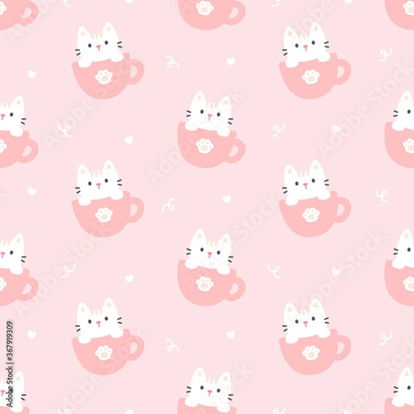 Obraz Cute cat in a cup of coffee seamless pattern background