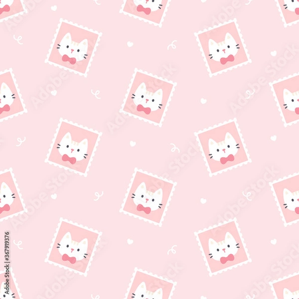 Obraz Cute cat postage stamp seamless pattern background
