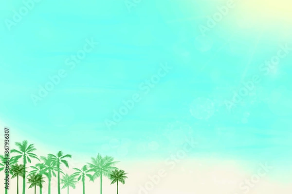 Fototapeta Illustrated summer vacation image. Blurred sun and tropical beach with bokeh background. 