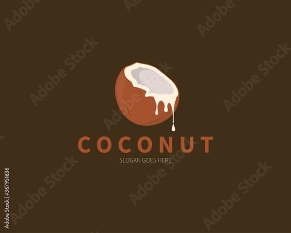 Obraz Coconut fruit logo. Cracked Coconut with coconut milk vector design.
