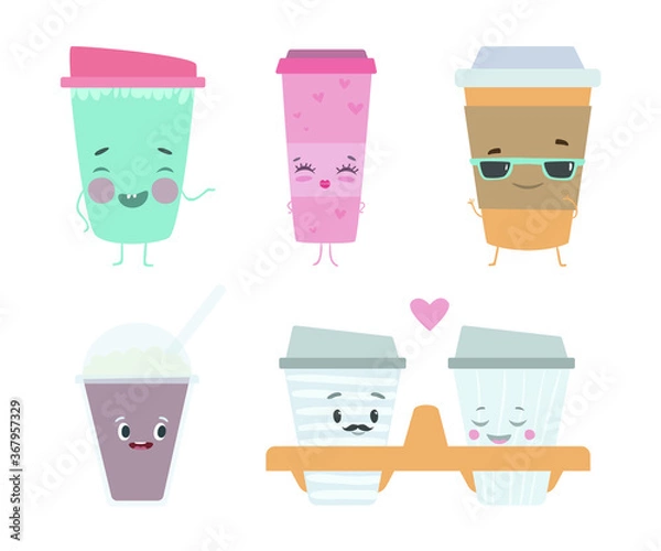 Fototapeta Coffee cup character flat vector illustration. Take away coffee, coffee to go concept. Cups for coffee and mags for hot drinks set, with a smile, hands and legs.