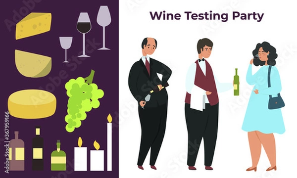 Fototapeta Wine tasting flat vector illustration. Alcohol Tasting Events, taste, color, aroma. People at an alcohol testing event, event for tourists concept. Cheese, candles, grapes, bottles, glasses isolated.
