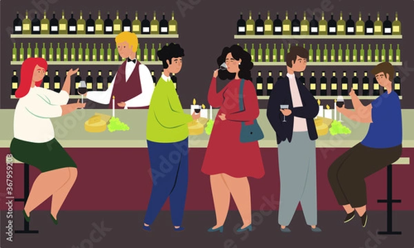 Fototapeta Wine tasting flat vector illustration. Alcohol Tasting Events, People have fun and try alcohol at the bar, event for tourists concept. Have a good time with friends in the evening after work.