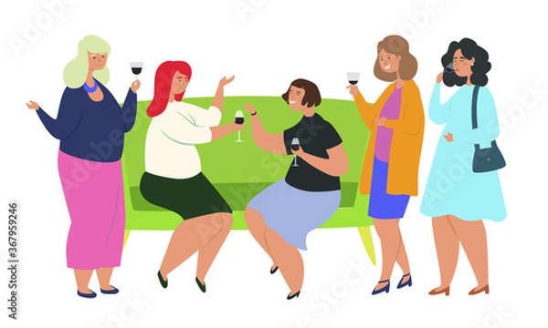 Fototapeta Wine tasting flat vector illustration. Alcohol Tasting Events, Girs and Women have fun and try alcohol, bachelorette party. Alcohol testing event, isolated on white background concept. 
